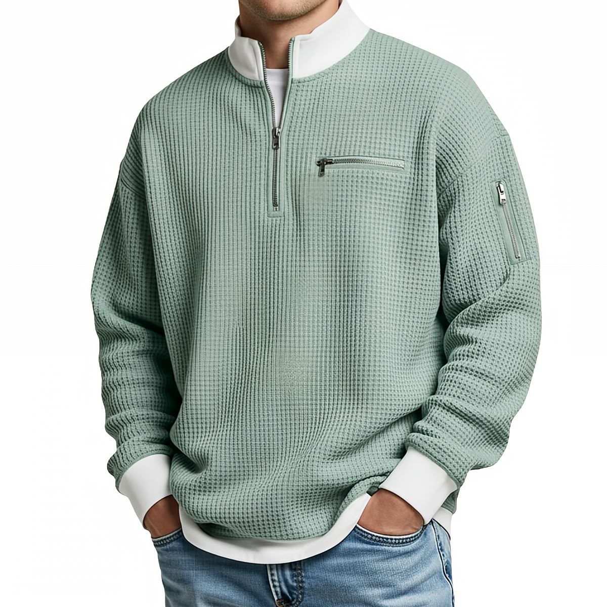 Herrenpullover in hellem Salbeigrün mit weißem Kragen und Reißverschlussdetails, frontal am Model.