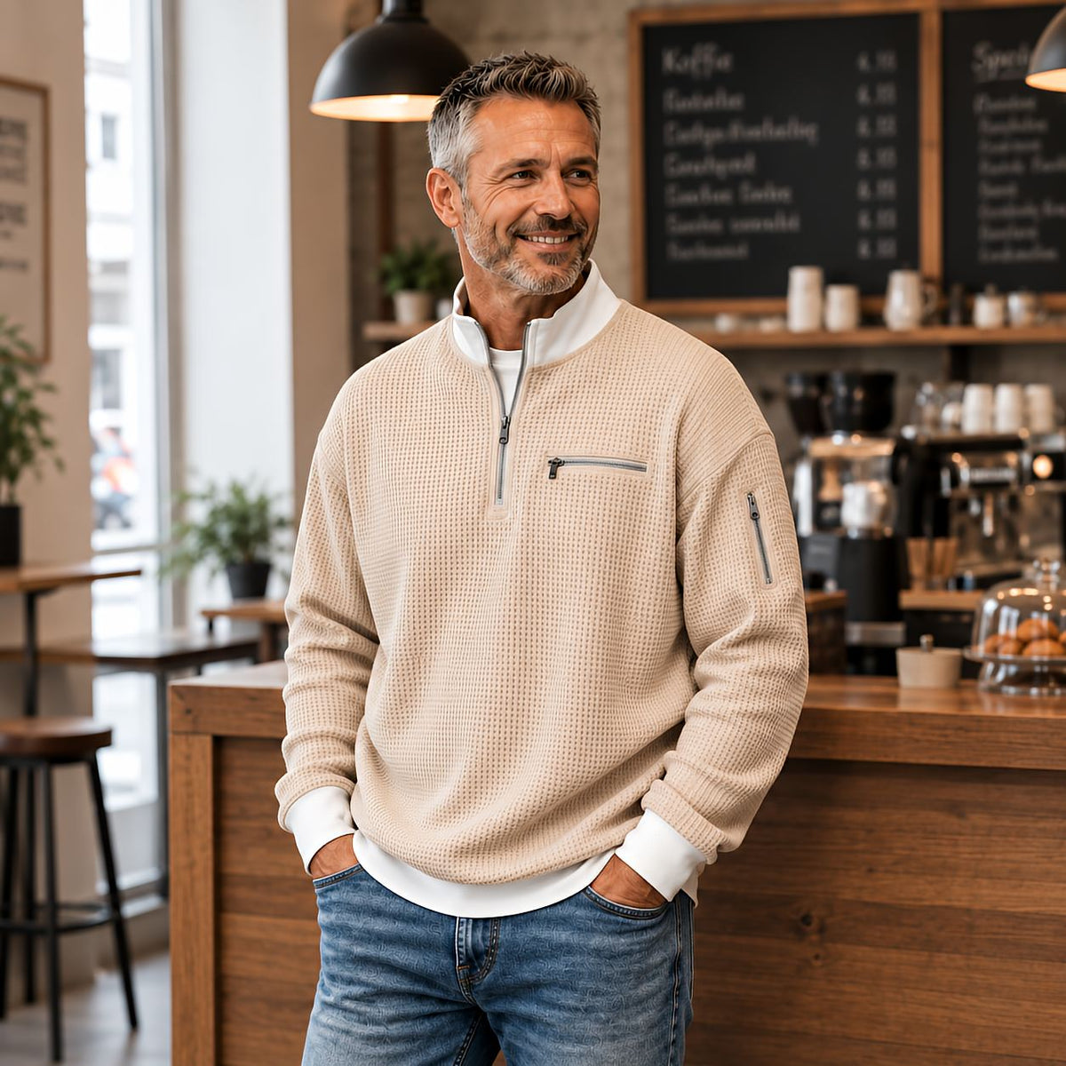 Herrenpullover in Beige aus Waffelstrick mit weißem Stehkragen, frontal am Model getragen.