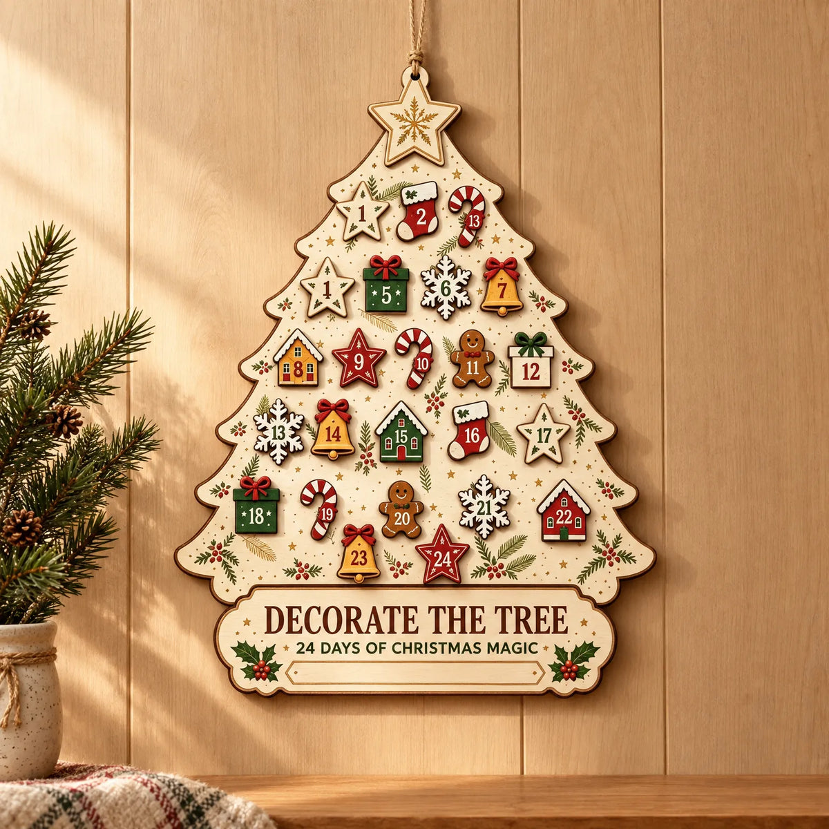 Adventskalender in Tannenbaumform aus Holz hängt an einer hellen Holzwand, daneben ein Tannenzweig im Topf und eine karierte Decke. 1