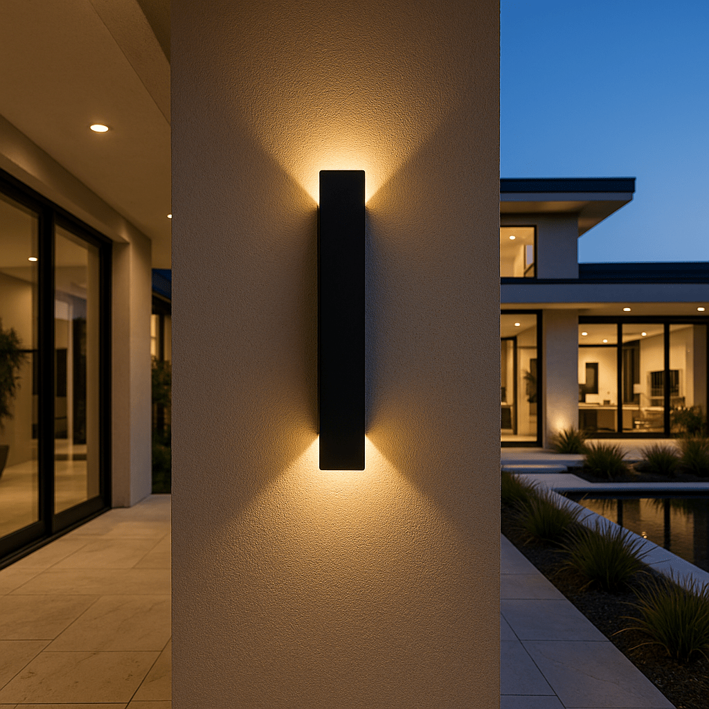 Schwarze zylindrische LED-Wandleuchte an heller Putzwand mit warmem Licht nach oben und unten.