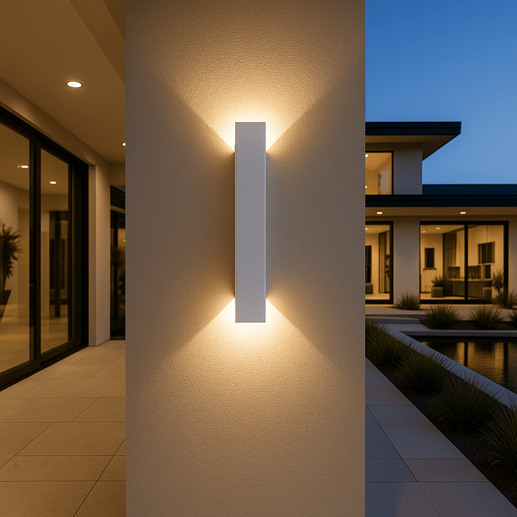 Weiße, schmale zylindrische LED-Wandleuchte an einer Putzwand mit Licht nach oben und unten.