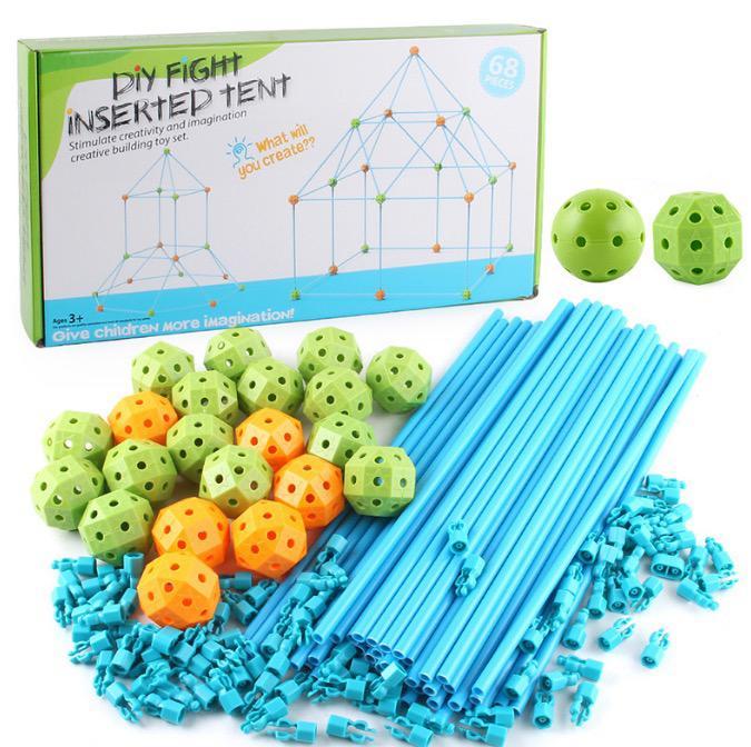 DIY Zeltbausatz für Kinder, blau-orange, 68-teilig, Kreativitätsspielzeug, ab 3 Jahren.