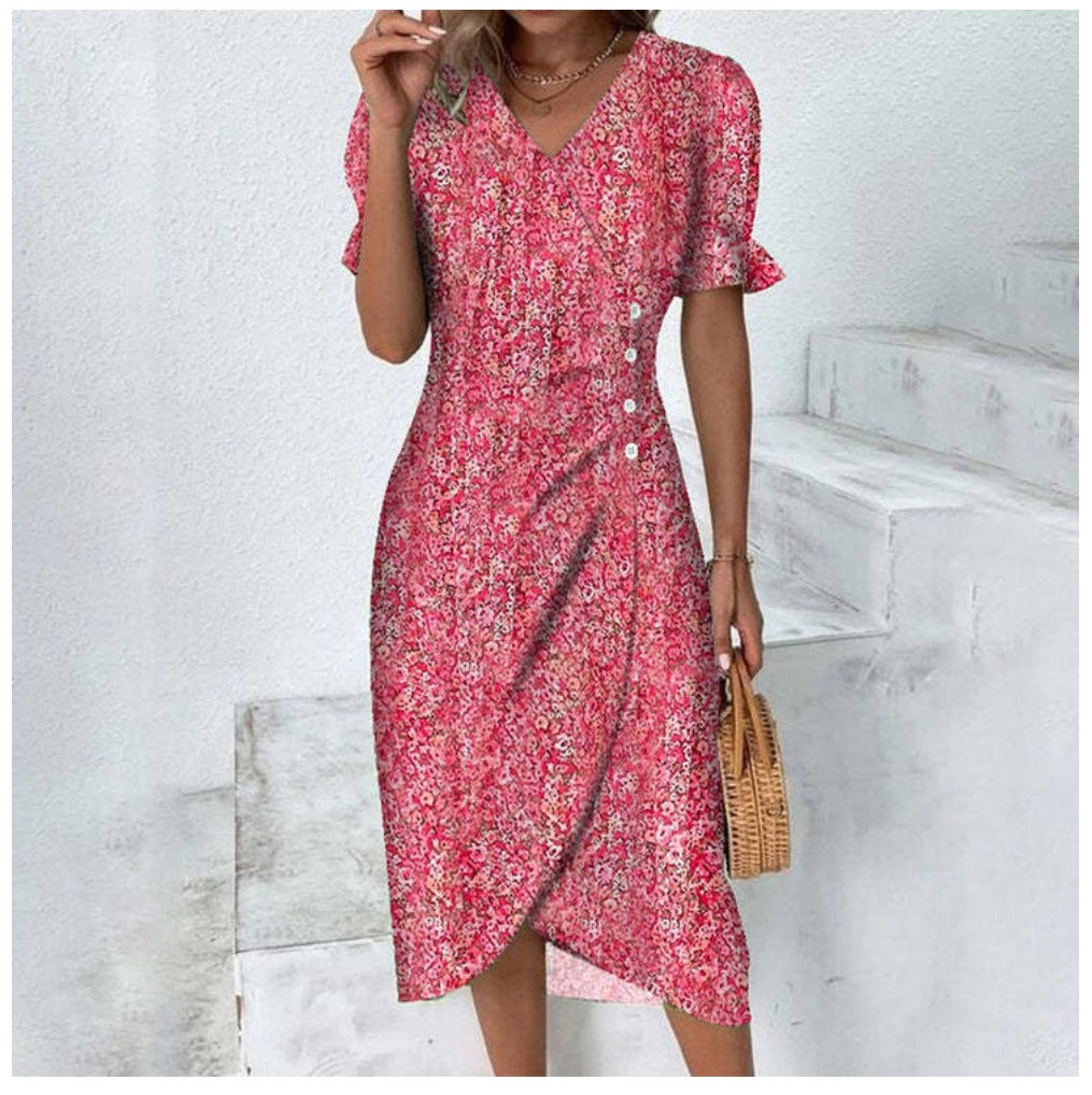 Herbstliches Knopfkleid mit V-Ausschnitt & Kurzarm – Luisa