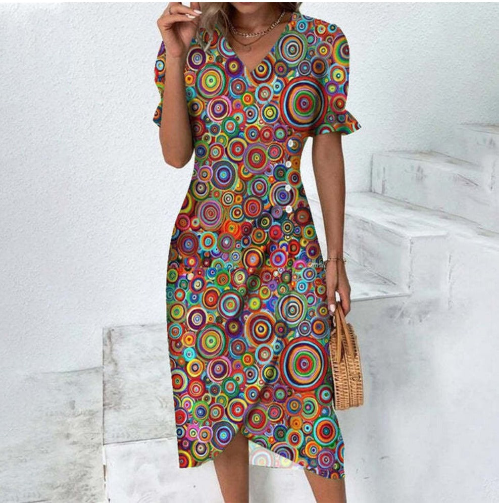 Herbstliches Knopfkleid mit V-Ausschnitt & Kurzarm – Luisa