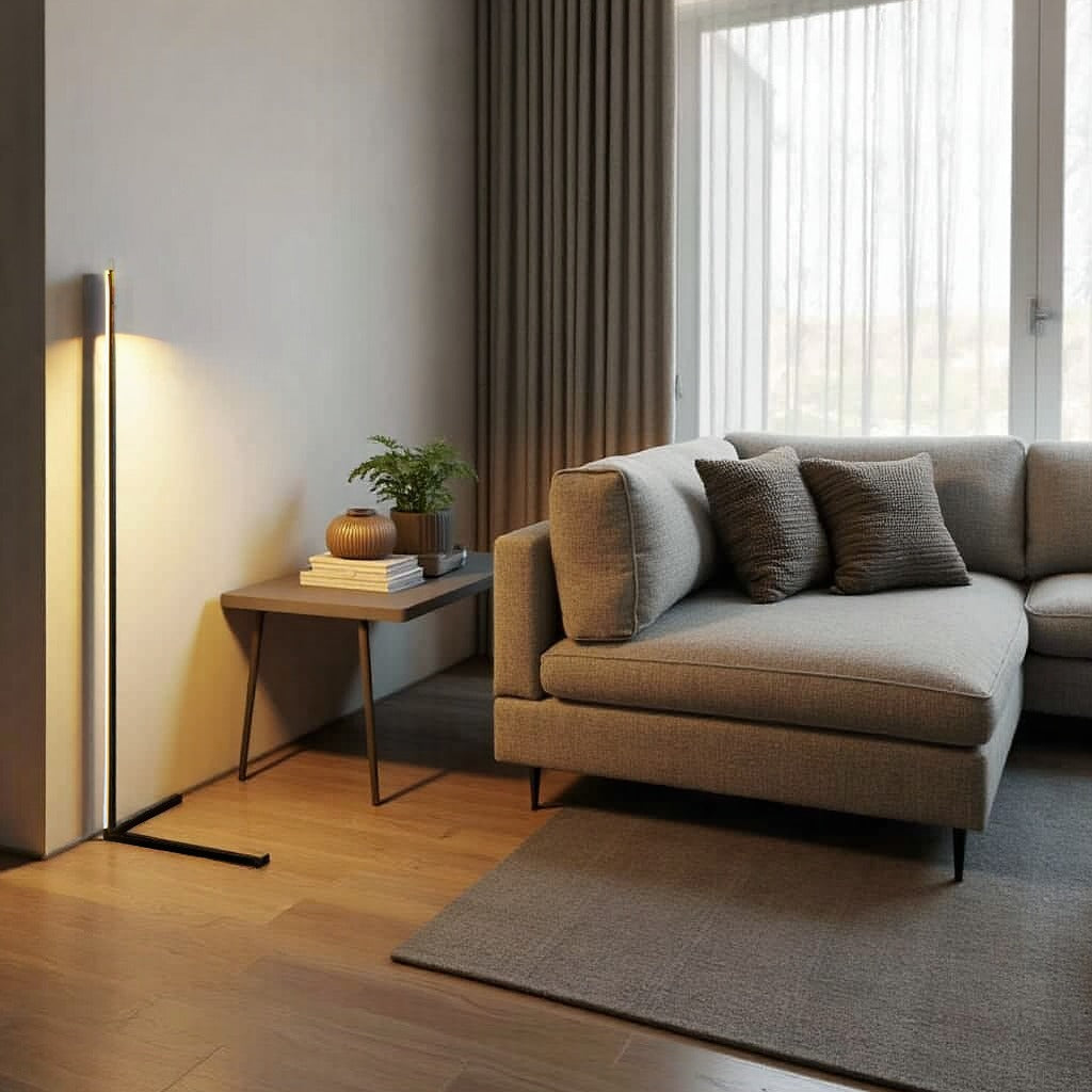 Stehlampe mit warmem Licht in einem Wohnzimmer mit Beistelltisch, grauem Sofa und Teppich 6