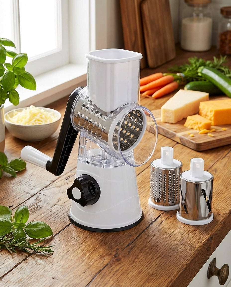 Weißer Rotationsschneider mit schwarzer Kurbel auf einer Holzarbeitsplatte, daneben zwei Ersatztrommeln, Käse, Möhren, Zucchini und Kräuter. 1