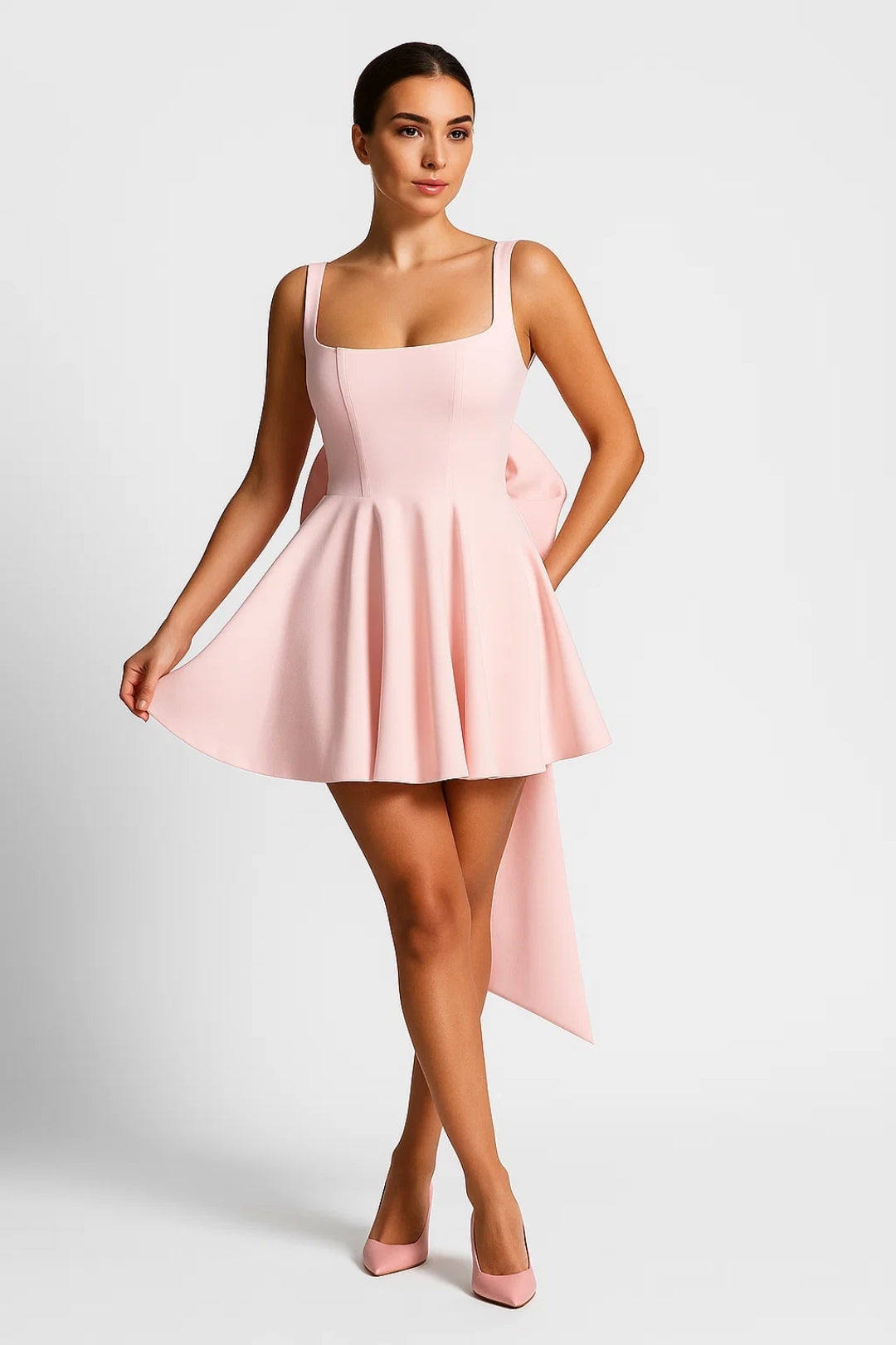 Model trägt das Minikleid in zartem Rosa mit passenden Pumps, ein Bein vor das andere gekreuzt 6
