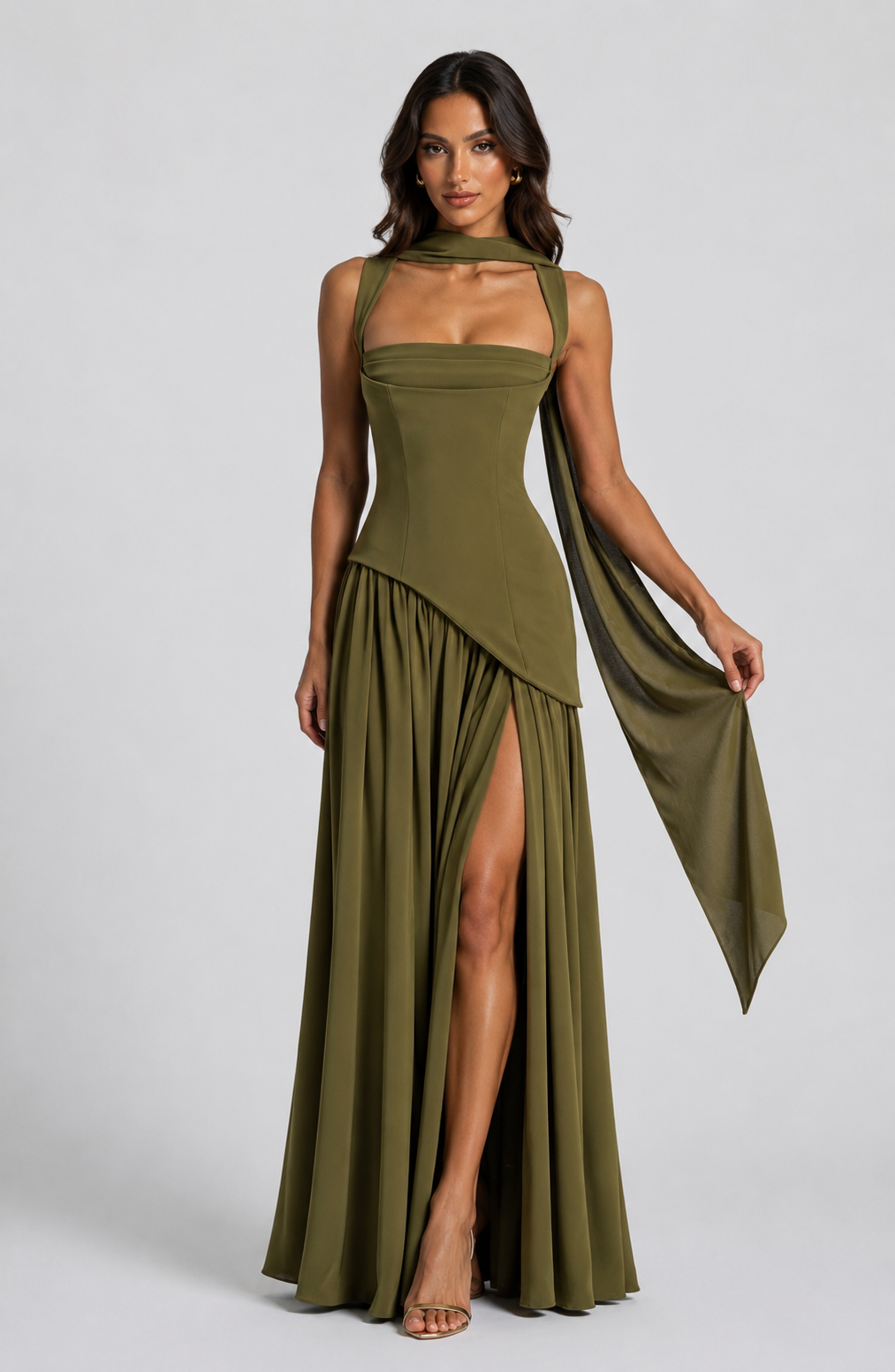 Olivgrünes Maxikleid in Detailansicht mit um den Hals gelegtem Schal und seitlich gehaltenem Ende