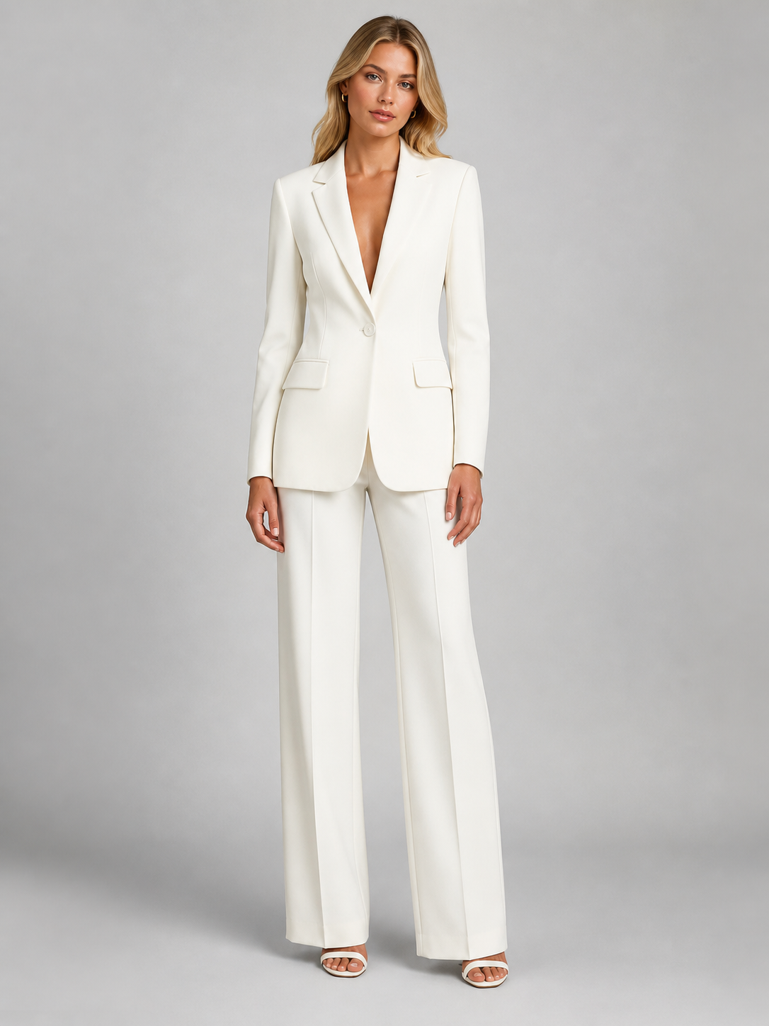 Frontansicht des cremeweißen Damen-Sets mit Blazer und weit geschnittener Hose.