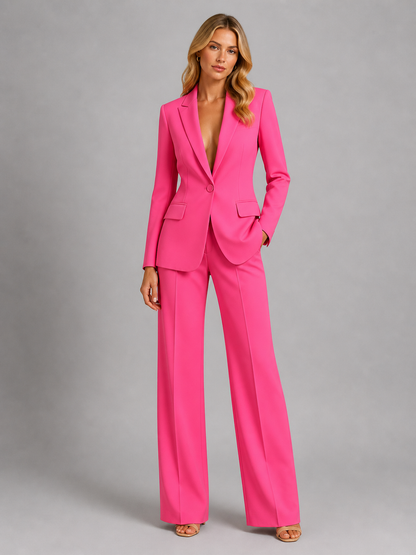Das pinke Damen-Set mit Blazer und weiter Hose.