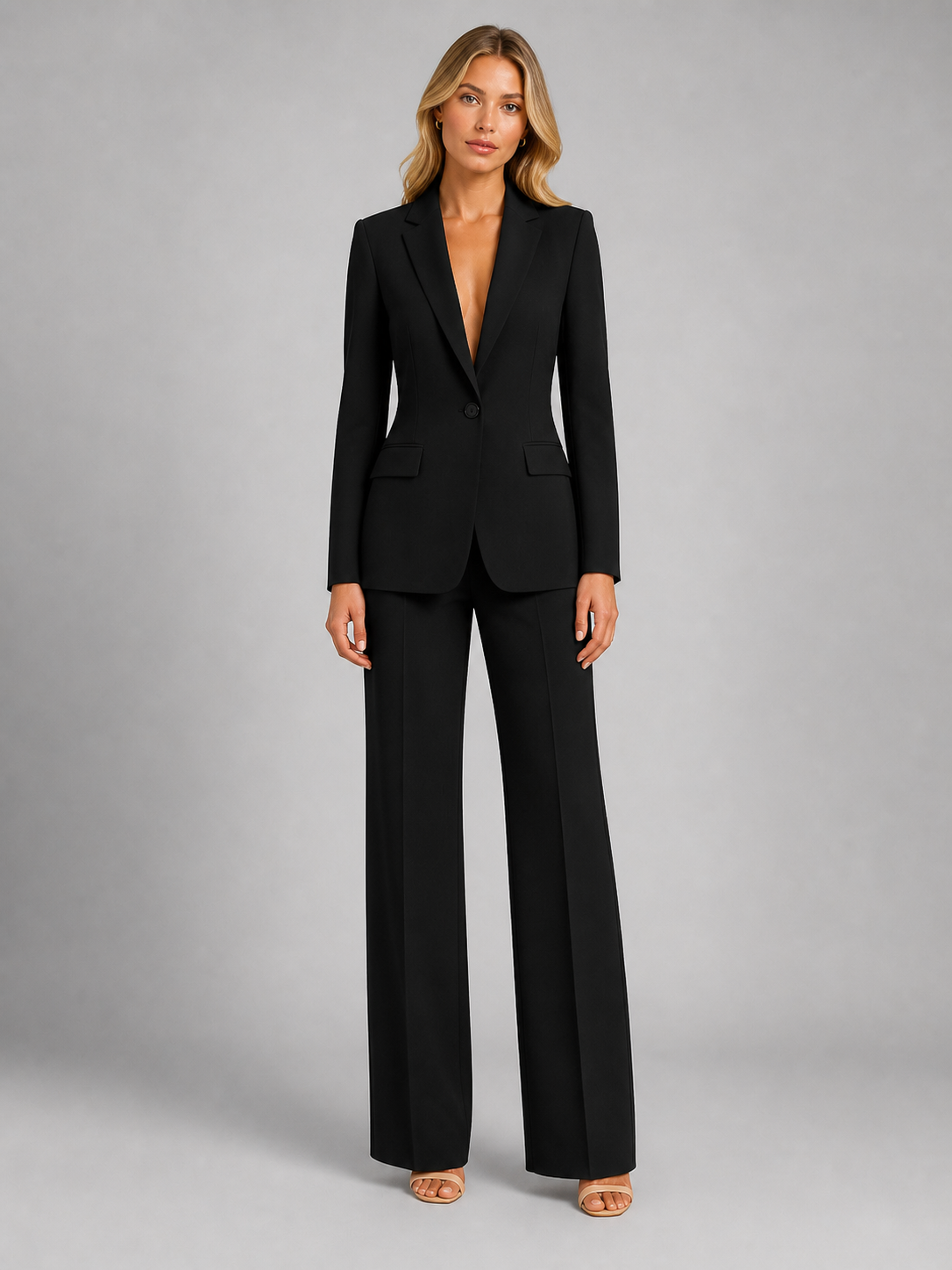 Frontansicht des schwarzen Damen-Sets mit einreihigem Blazer und weiter Hose.