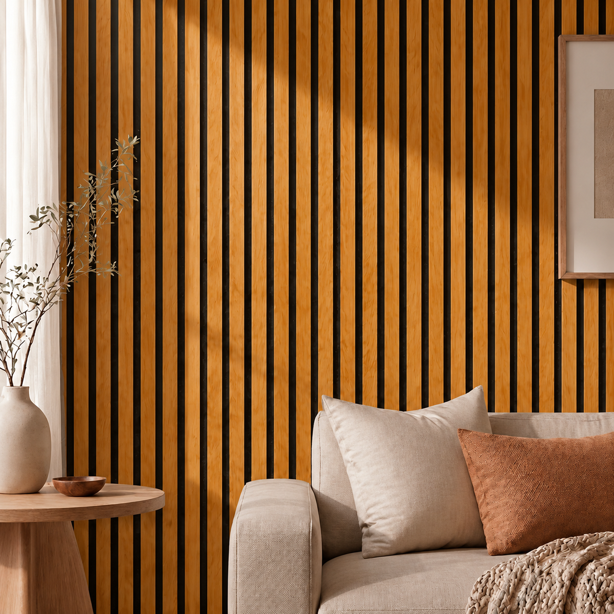 Nahaufnahme der Holzlamellenwand neben Sofa mit Kissen, Beistelltisch und Vase mit Zweigen 5