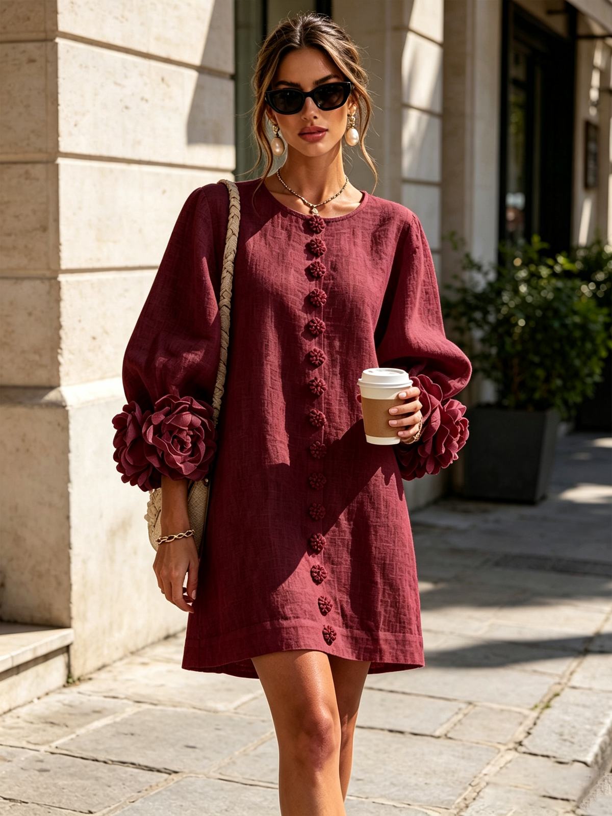 Weinrotes Minikleid frontal auf der Straße getragen, Blumenknopfleiste, Rosenmanschetten, Kaffeebecher in der Hand, Sonnenbrille und Schultertasche. 38