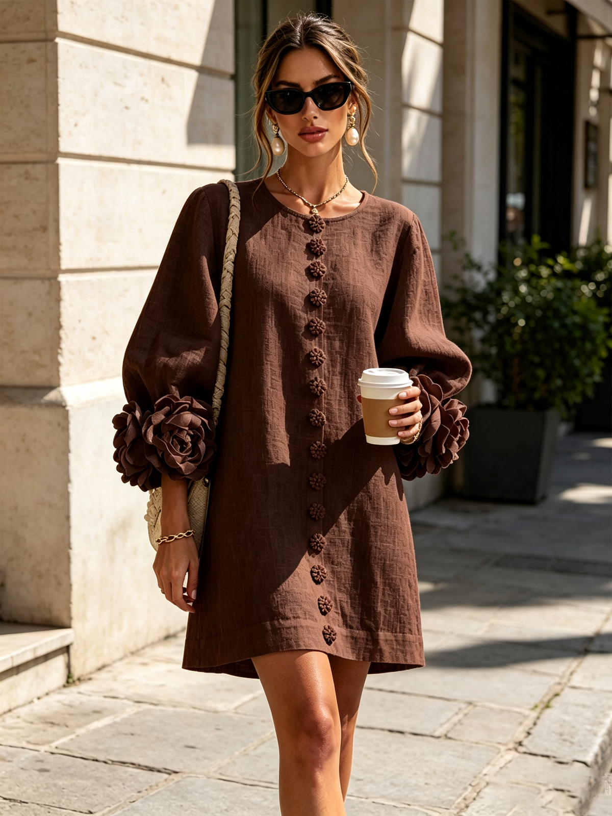Dunkelbraunes Minikleid frontal auf der Straße getragen, Blumenknöpfe, Rosenmanschetten, Kaffeebecher in der Hand, Sonnenbrille und Schultertasche. 30
