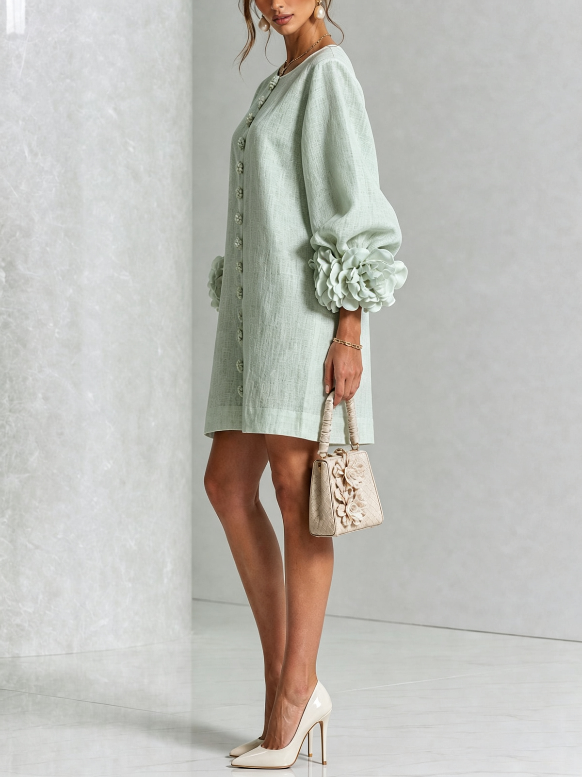 Mintgrünes Minikleid in Seitenansicht, Blumenknöpfe vorn, Rosenmanschette am Puffärmel, dazu Handtasche mit Blumenapplikationen und cremefarbene Pumps. 32