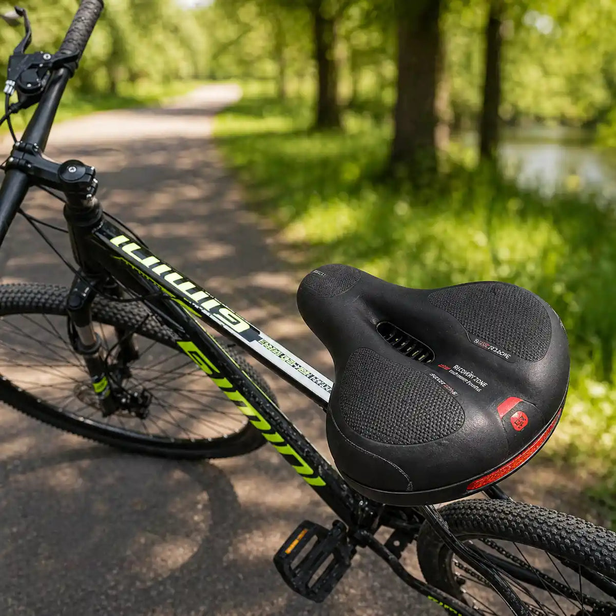 Schwarzer Fahrradsattel auf einem Mountainbike von oben mit rotem Reflektor