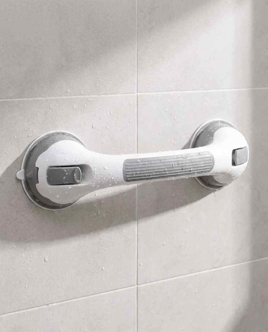Saug-Duschhaltegriff waagerecht an einer beigen Fliesenwand mit Wassertropfen