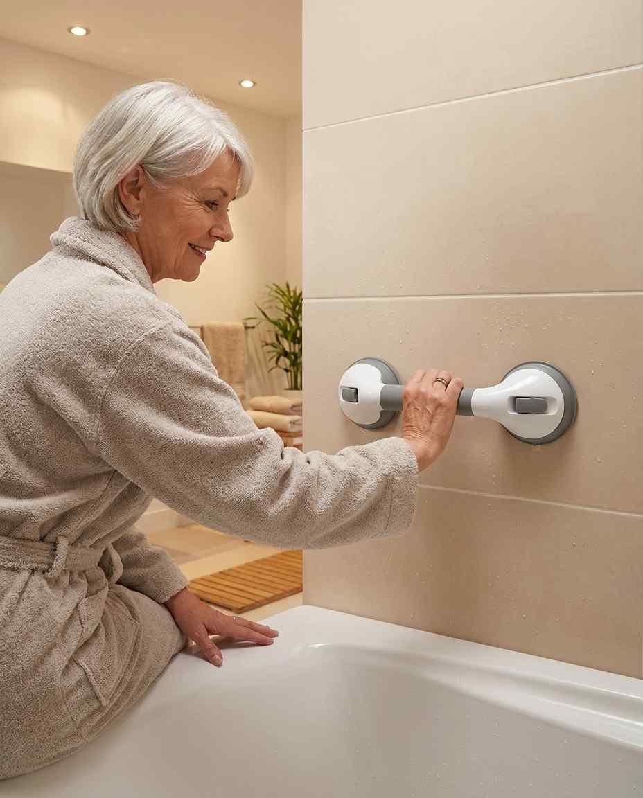 Saug-Duschhaltegriff waagerecht an der beigen Wand neben dem Badewannenrand