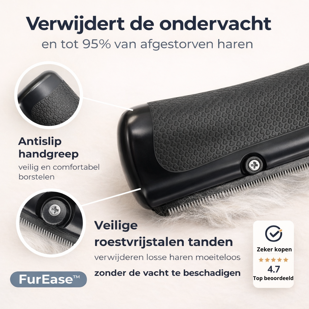 Detailgrafik der Bürste mit Ausschnitten zum rutschfesten Griff und den Edelstahlzähnen auf hellem Fell.
