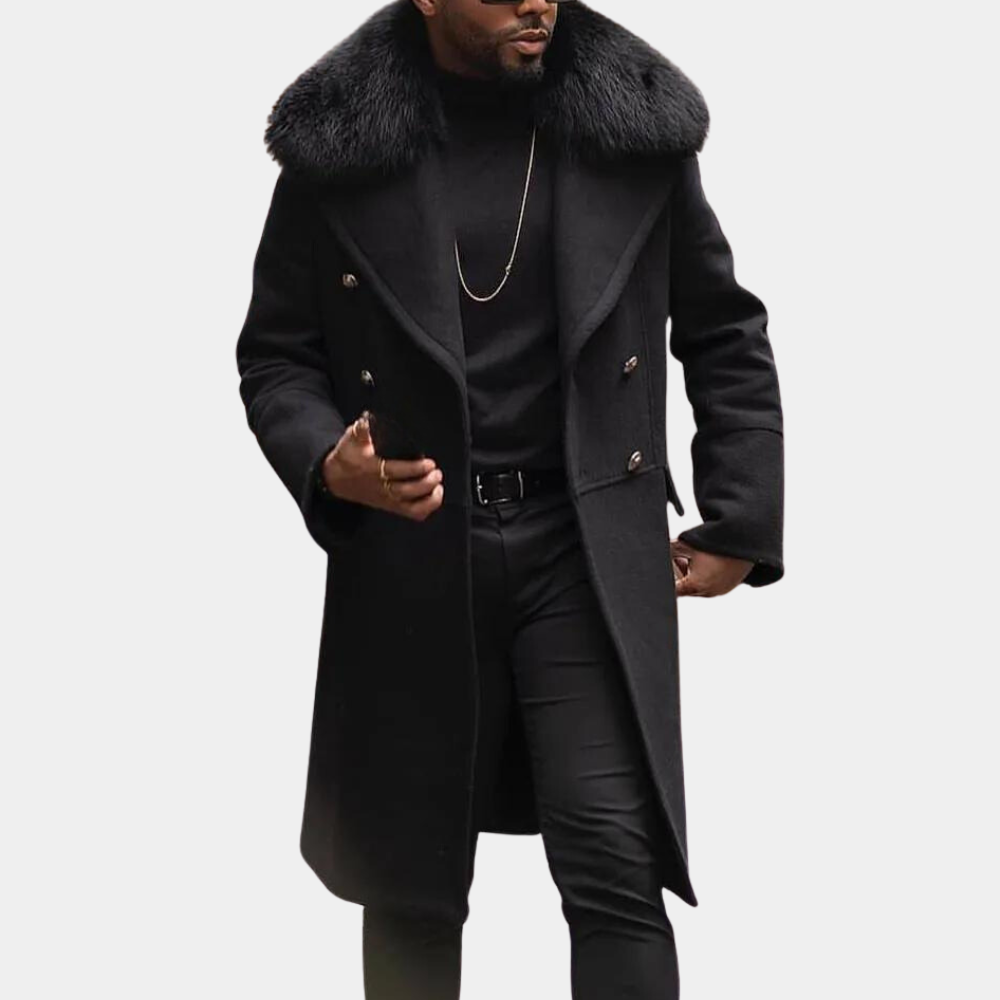 Männer Wintermantel schwarz mit Fellkragen, eleganter Wollmantel, modische Herrenbekleidung.