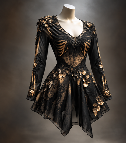 Schwarzes Minikleid mit goldenen Rippen- und Armknochen-Motiven, Rosen, Blättern und transparenter Spitze.
