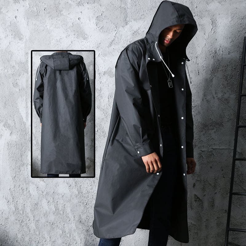 Schwarzer wasserdichter langer Regenmantel mit Kapuze für Damen und Herren, ideal für Outdoor.