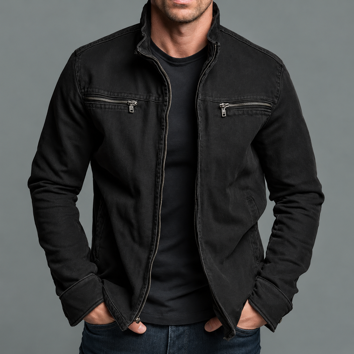 Schwarze Variante der Jacke mit Stehkragen und Reißverschlusstaschen, offen getragen über schwarzem Shirt 5