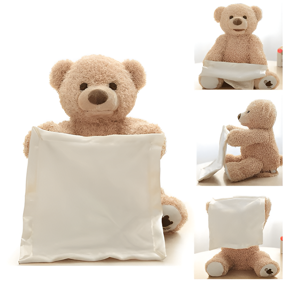 Interaktiver Plüsch-Teddybär als Collage mit vier Ansichten und Tuch
