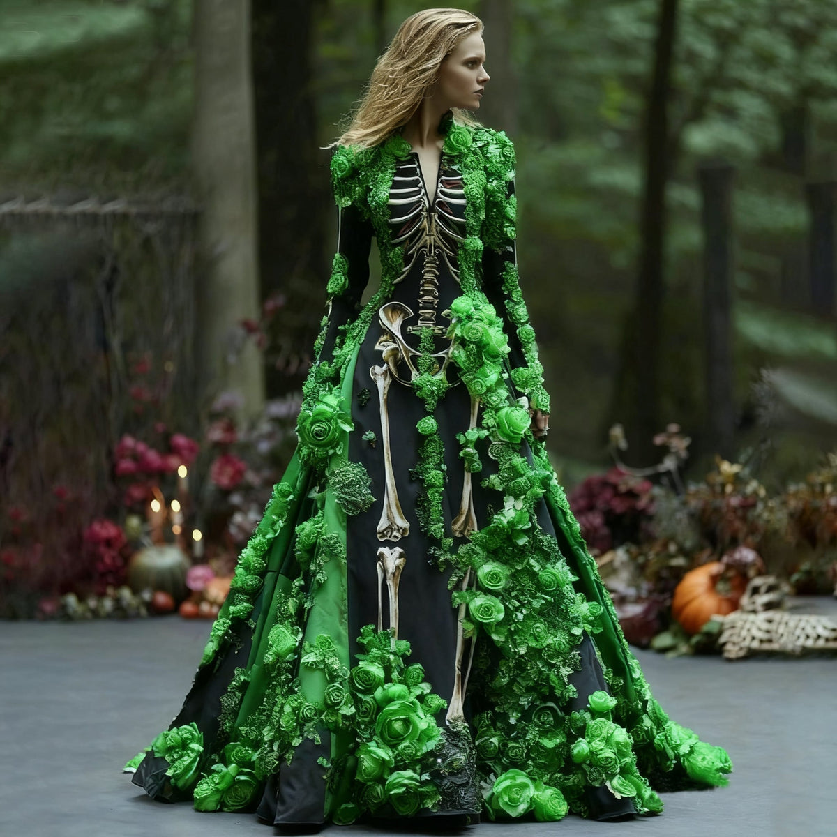 Skelett-Maxikleid in der Variante mit grünen Rosenapplikationen und langen Ärmeln, an einem Model vor Kürbissen und Kerzen fotografiert. 4