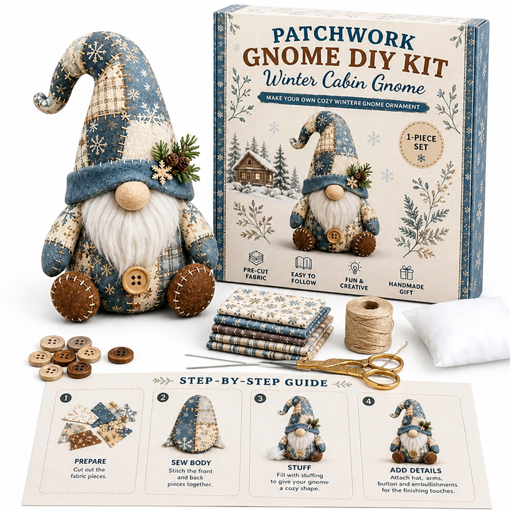 Blau-beiger Winter-Wichtel mit Tannenzweig und Schneeflocke neben Verpackung, Stoffen, Garn, Knöpfen, Schere und Anleitung 11