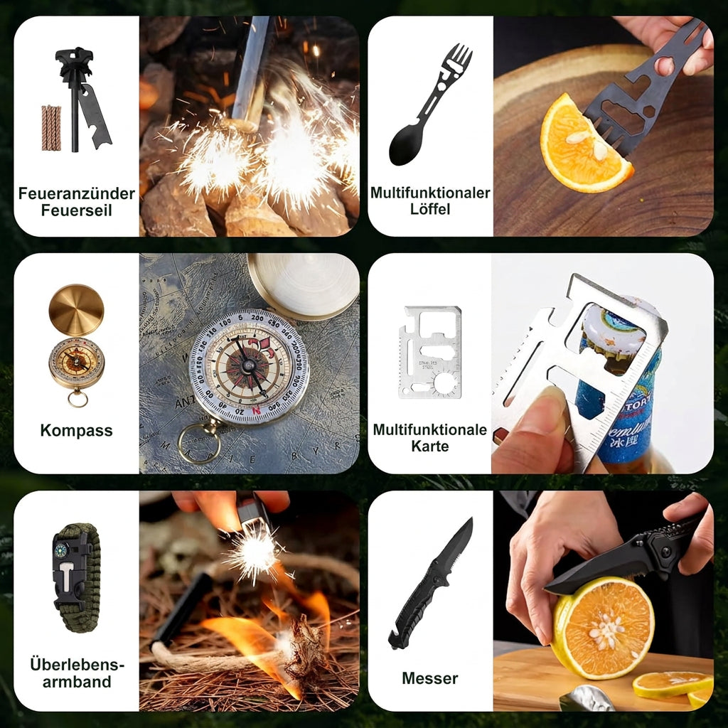 Sechs Werkzeuge im Einsatz: Feuerstahl, Multifunktionslöffel, Kompass, Multifunktionskarte, Survival-Armband und Klappmesser 4