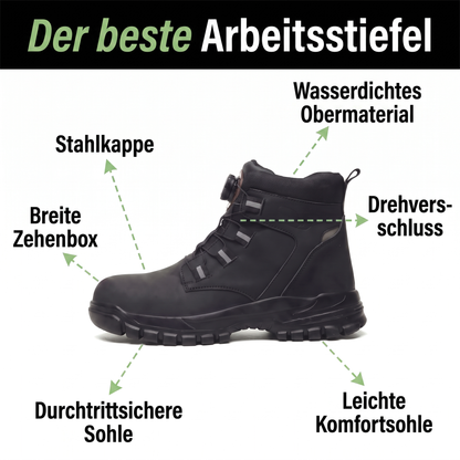 Schwarzer Arbeitsstiefel in Seitenansicht mit Pfeilen, die Stahlkappe, Drehverschluss, Sohle und weitere Merkmale markieren 2