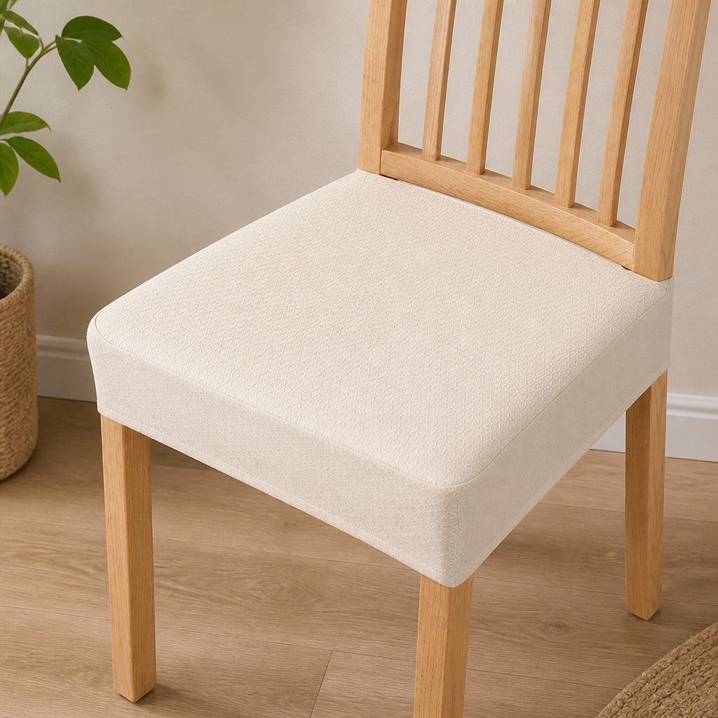 Wasserdichte elastische gewebte Stuhlbezüge in Creme auf einem Holzstuhl, weitere Ansicht
