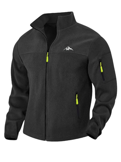Schwarze Fleecejacke in Vorderansicht mit Stehkragen und neongelben Reißverschlusszügen an Front, Taschen und Ärmel 7