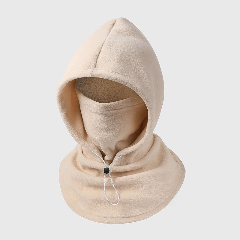 Beige Fleece-Kapuze mit Gesichtsschutz und weißem Kordelzug, Einzelansicht auf hellem Hintergrund 9