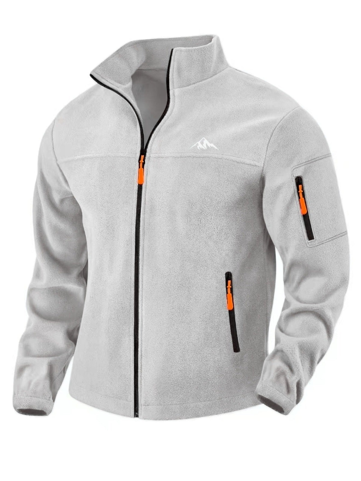 Hellgraue Fleecejacke in Vorderansicht mit Stehkragen, orangefarbenen Zippern und Ärmeltasche 4