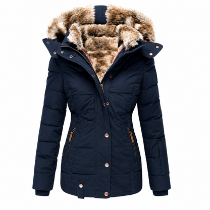 Marineblauer Steppparka mit offener Front, Kunstfellkapuze und warmem Kunstfellfutter, freigestellt 6
