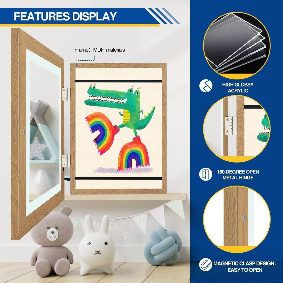 Rahmen in Holzoptik mit aufgeklappter Klappe, Krokodil-Zeichnung und Detailkreisen zu Acrylscheibe, Scharnier und Magnetverschluss.