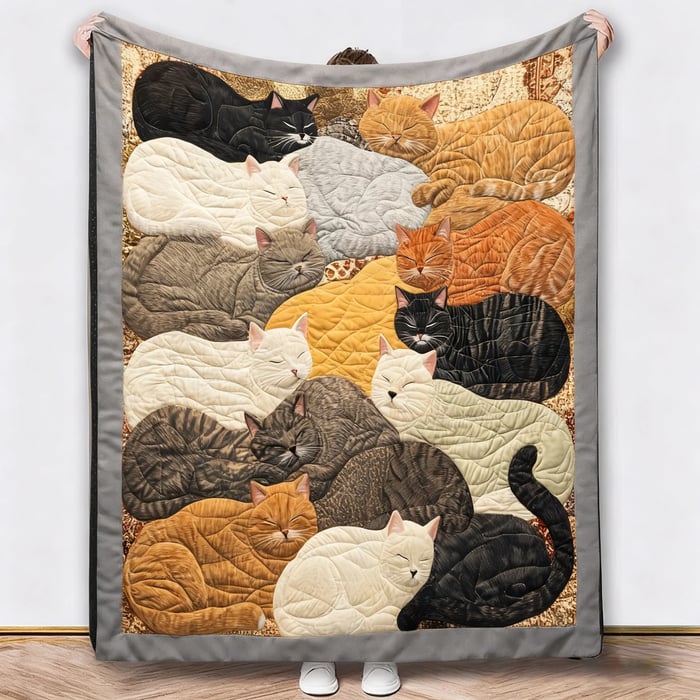 Andere Decke mit schlafenden Katzen in Schwarz, Weiß, Grau und Orange, grauer Rand, hochgehalten 4
