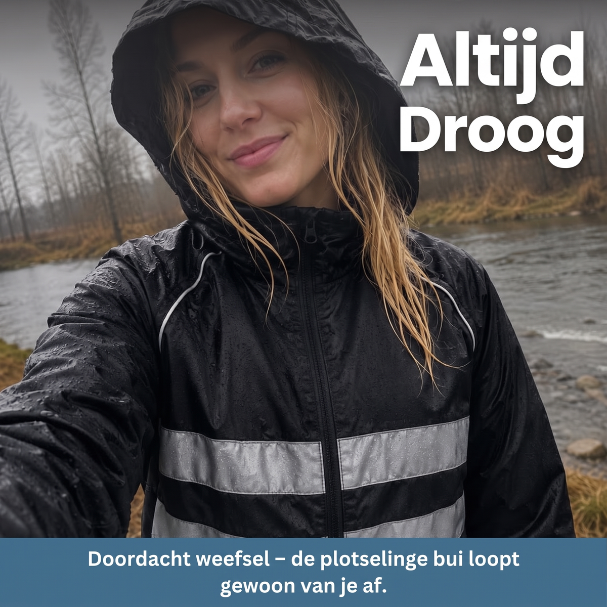 Lächelnde Frau mit nassen Haaren trägt die schwarze Jacke mit Kapuze und Reflexstreifen im Regen an einem Fluss. 8