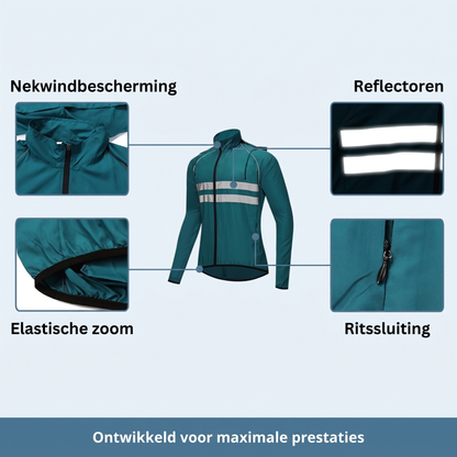 Petrolfarbene Jacke mit vier Detailausschnitten: Stehkragen, reflektierende Streifen, elastischer Saum und Reißverschluss der Seitentasche. 11