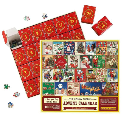 Adventskalender Puzzle, 1000 Teile, Weihnachtsdesign, rot, 25 Tage, Geschenkidee.