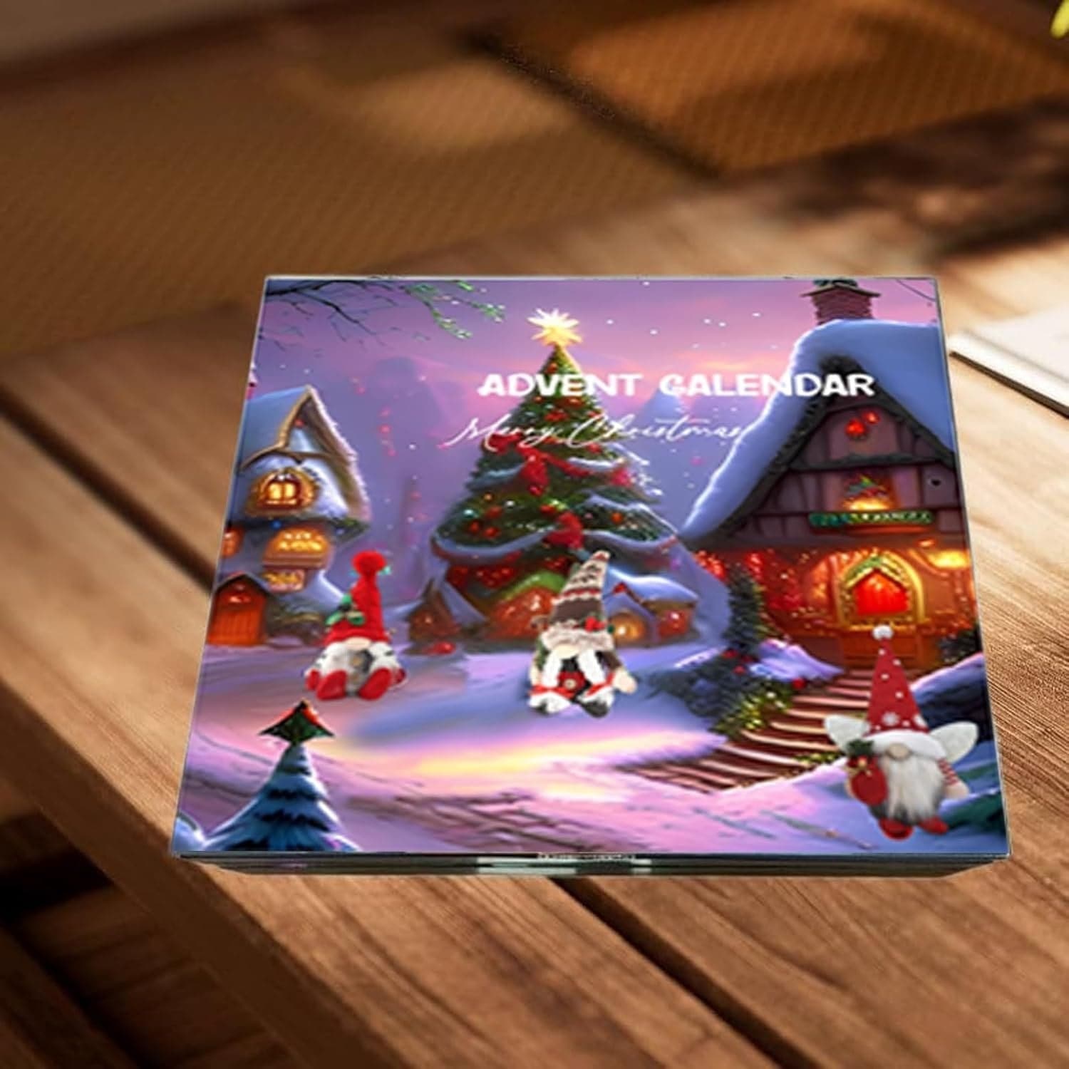 Adventskalender mit Weihnachtsmotiven, beleuchtete Häuser, festliche Dekoration, Geschenkidee.