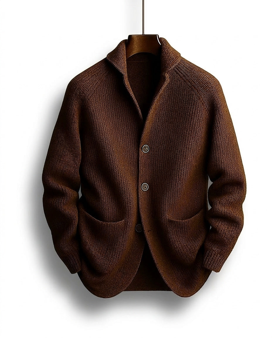 Braune Strickjacke mit Schalkragen, drei Knöpfen und aufgesetzten Taschen, frontal auf einem Holzbügel hängend. 1