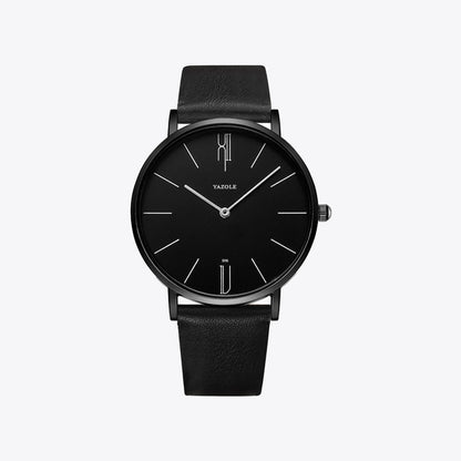 Schwarze Armbanduhr mit Lederarmband, minimalistisches Design, Zifferblatt ohne Zahlen.