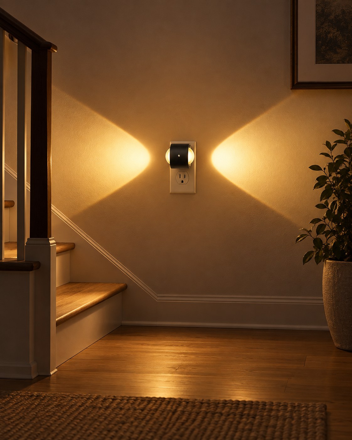 Steckleuchte im Treppenhaus, gedreht, sodass das Licht seitlich auf die Wand neben der Treppe fällt 3