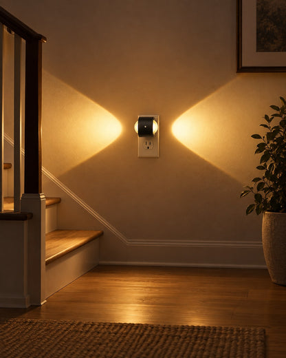 Steckleuchte im Treppenhaus, gedreht, sodass das Licht seitlich auf die Wand neben der Treppe fällt 3