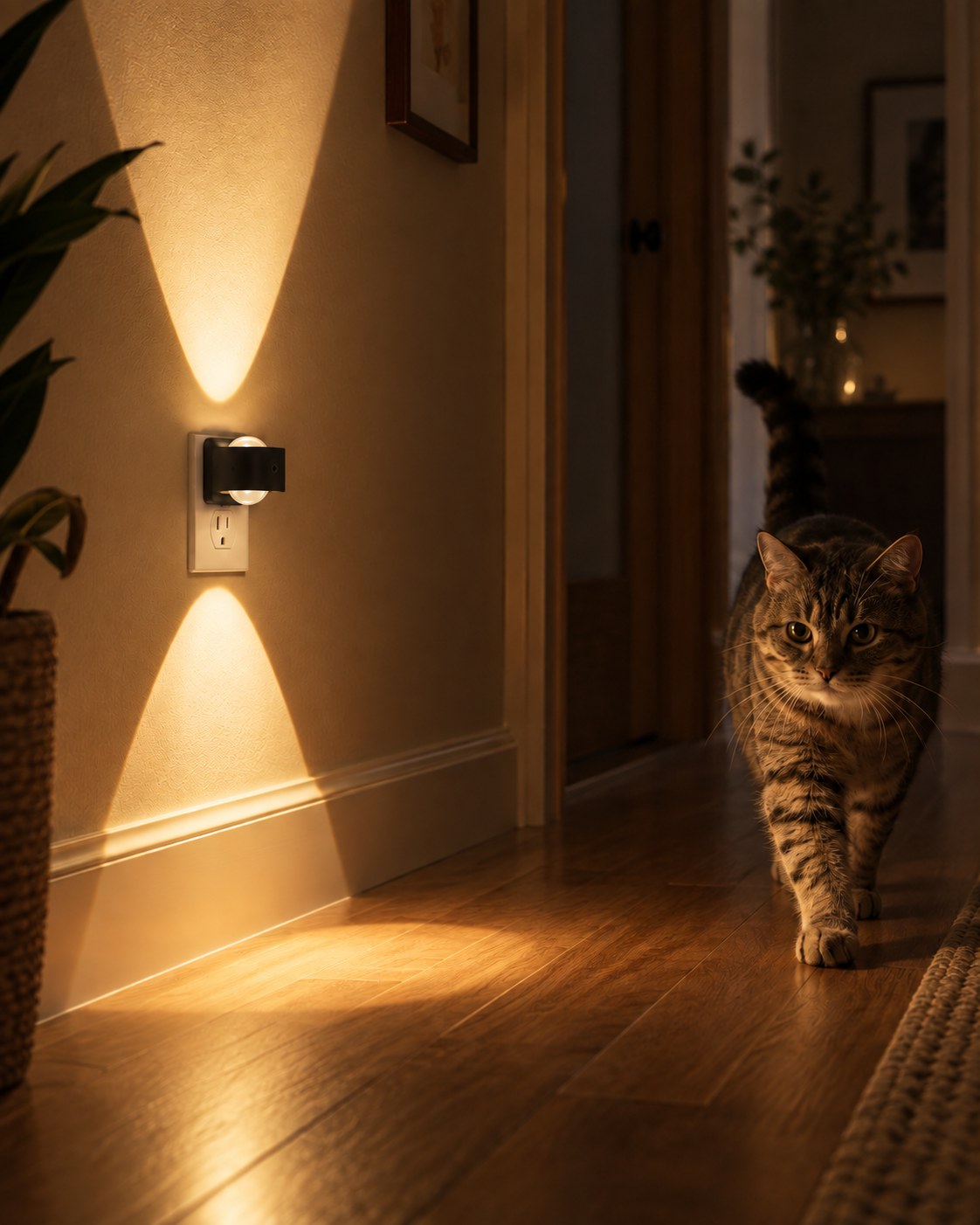 Steckleuchte im Flur beleuchtet den Holzboden, während eine getigerte Katze durch den Gang läuft 4