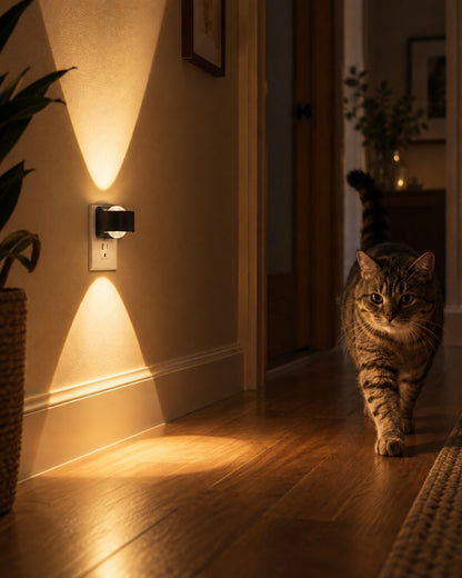 Steckleuchte im Flur beleuchtet den Holzboden, während eine getigerte Katze durch den Gang läuft 4