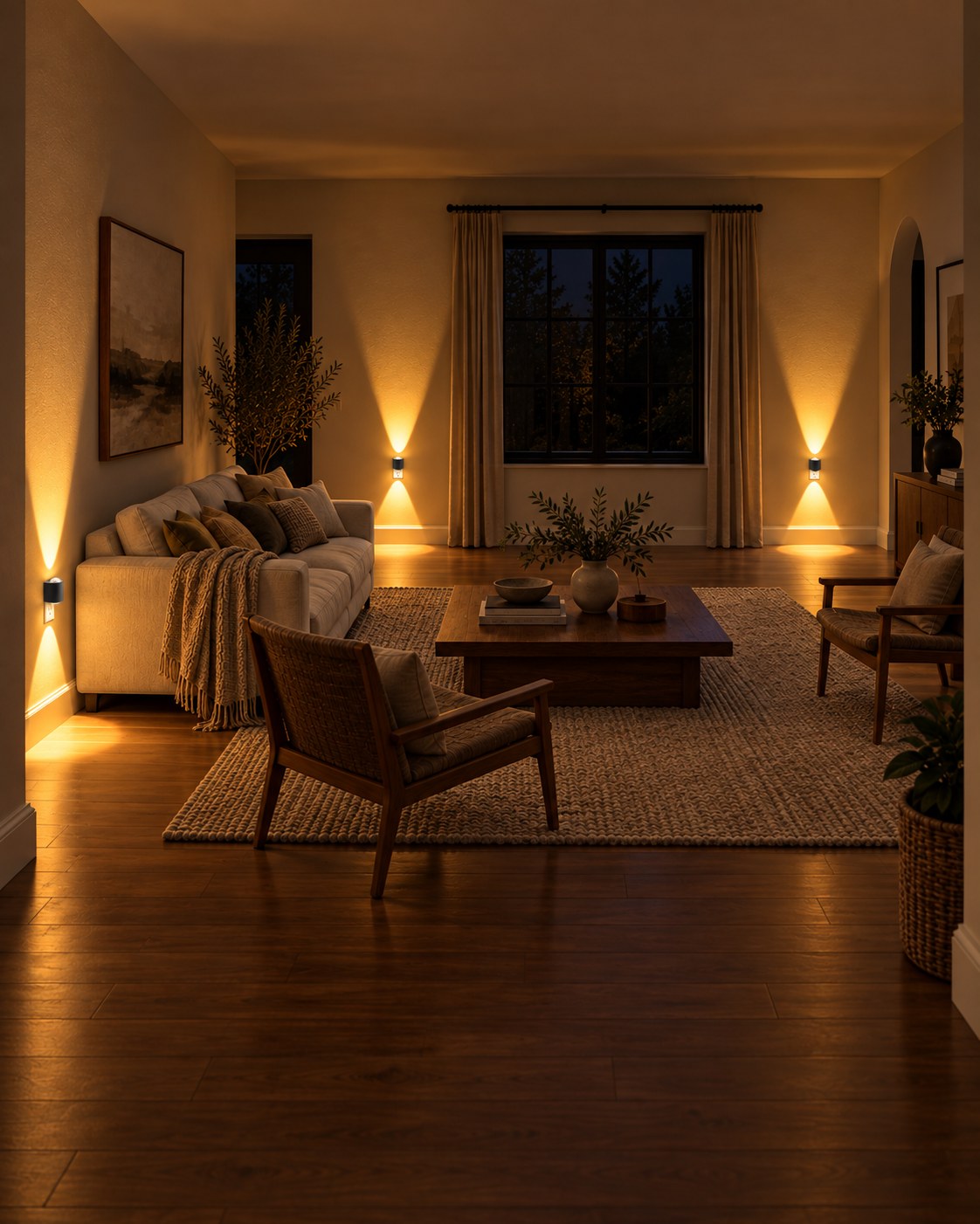 Wohnzimmer bei Nacht mit mehreren Steckleuchten an den Wänden, die Sofa, Sessel und Holzboden sanft beleuchten 6